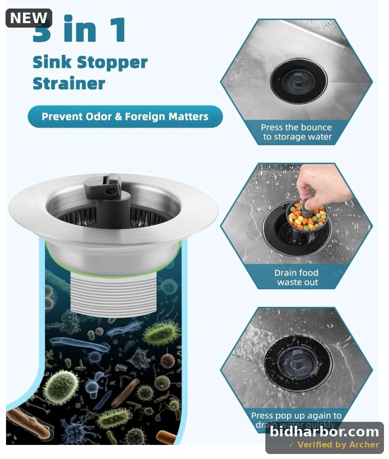 3 in 1 Kitchen Sink Stopper Strainer, Universal Fit Upgrade 304 Stainless Steel Pop Up Sink Drain Strainer with Folded Rod for US Standard 3-1/2 inch Drain Filter, Anti-Clog
