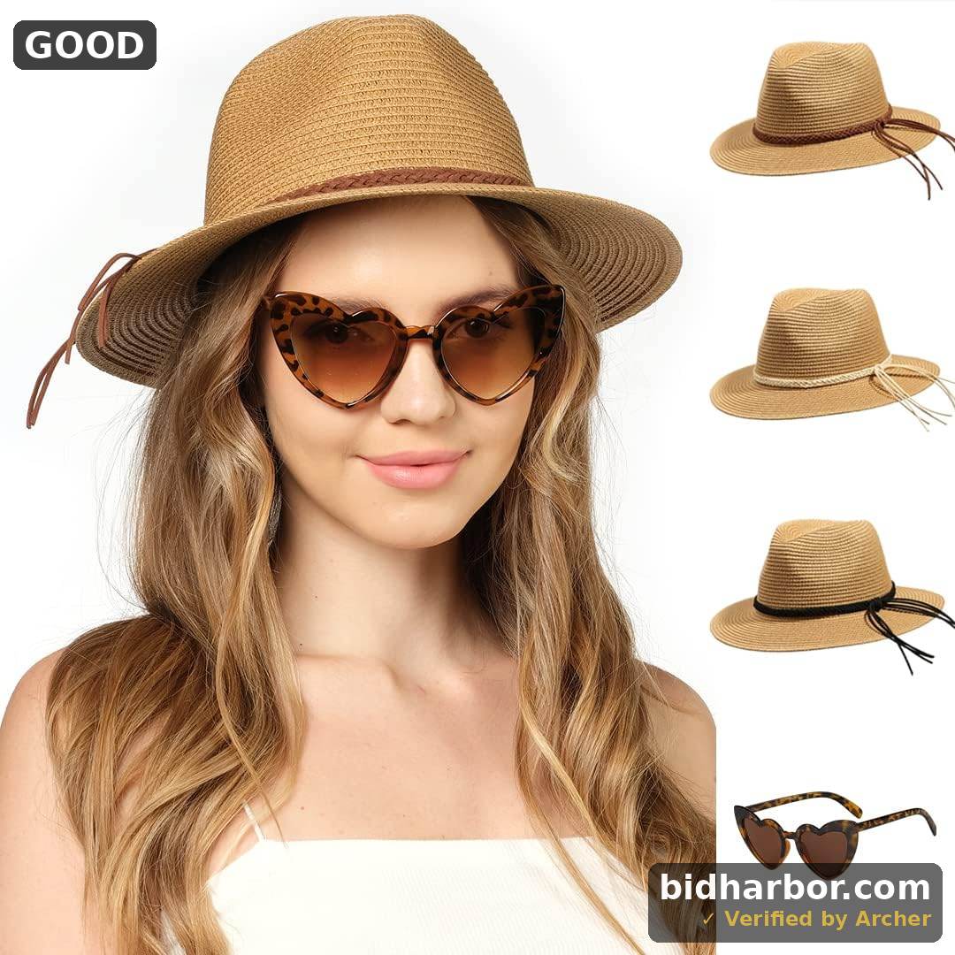Funcredible Khaki Fedora Hat - Beach Hats for Women - Straw Hats with Bow and Heart Shape Glasses - Packable Panama Hat for Women - Fedora Sun Hat — Size Adjustable