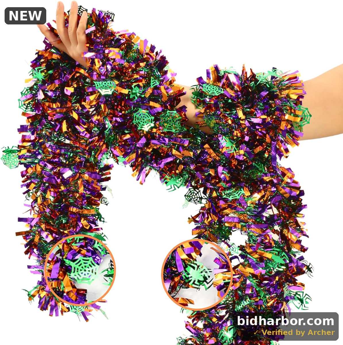 33 FT Halloween Tinsel Garland Decorations,Orange Purple Green Halloween Garland with Spider,Spider Web Shiny Metallic Garlands for Indoor Outdoor Decorations
