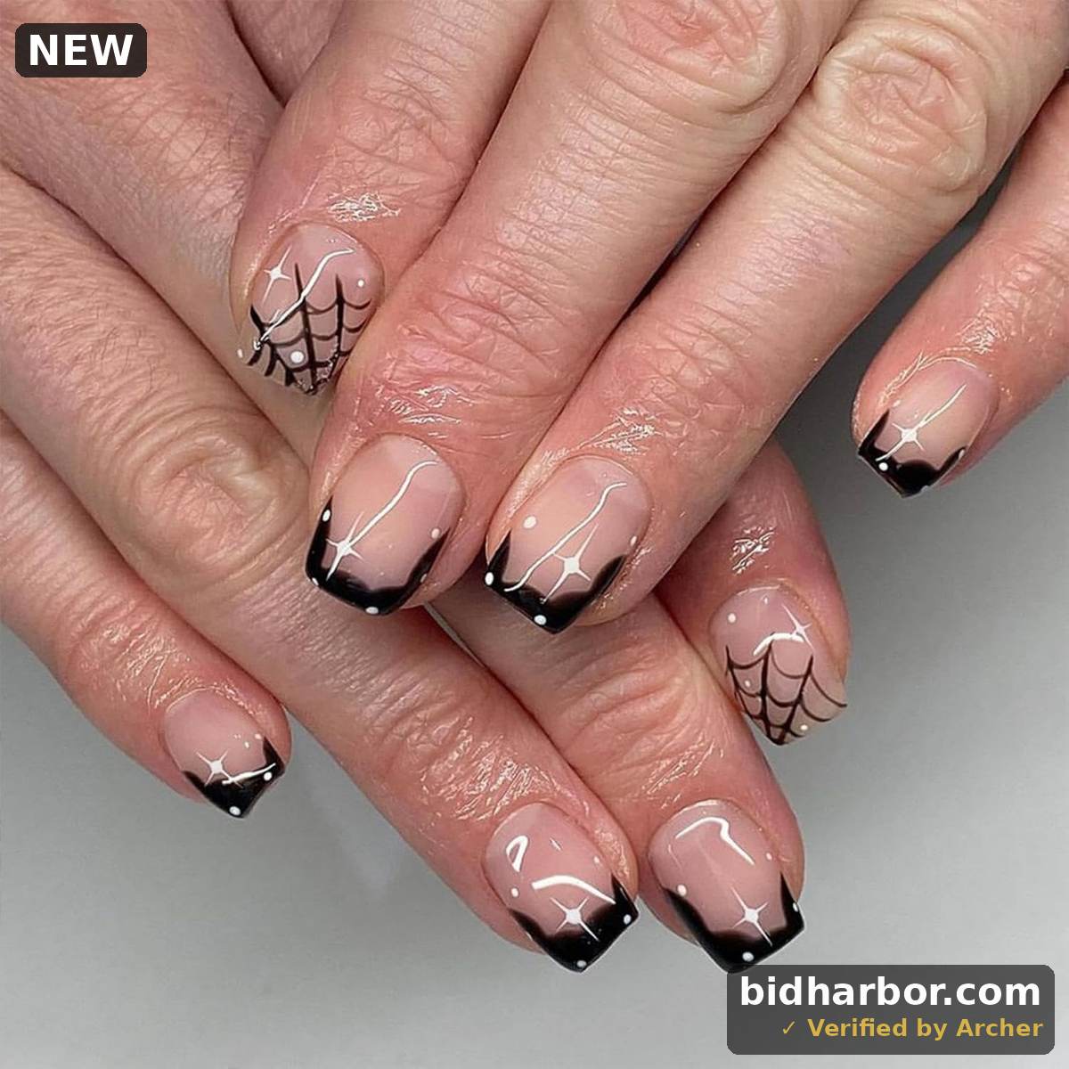 Halloween Press-On Nails — Short Square, Black French Tips
