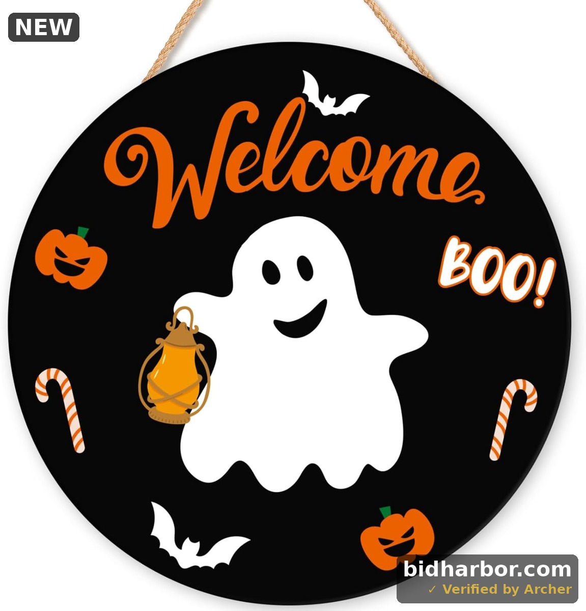 Halloween Ghost "BOO" Front Door Sign — Pumpkin & Bat Wreath Decor, Black