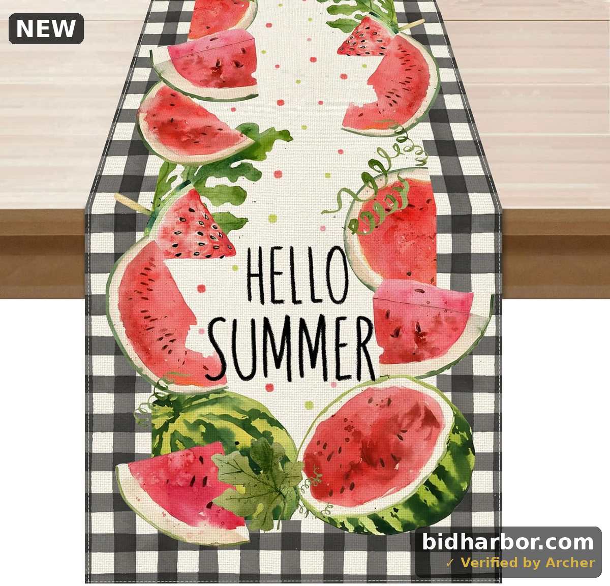 'Hello Summer' Watermelon Buffalo-Plaid Table Runner