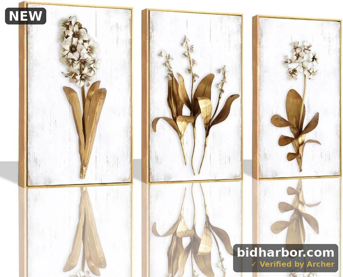 Gold Flowers & Leaves Canvas Wall Art — 3-Piece Set
