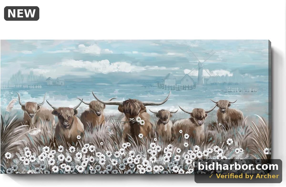 Highland Cow Boho Floral Canvas Wall Art — 48×24"