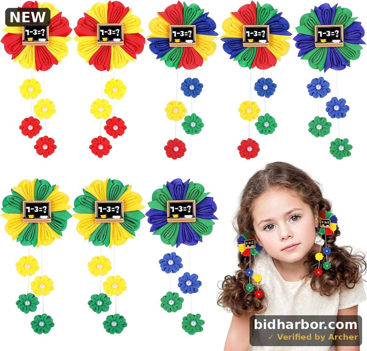Flower Hair Bows with Alligator Clips — 4 Colors, 8-Pack
