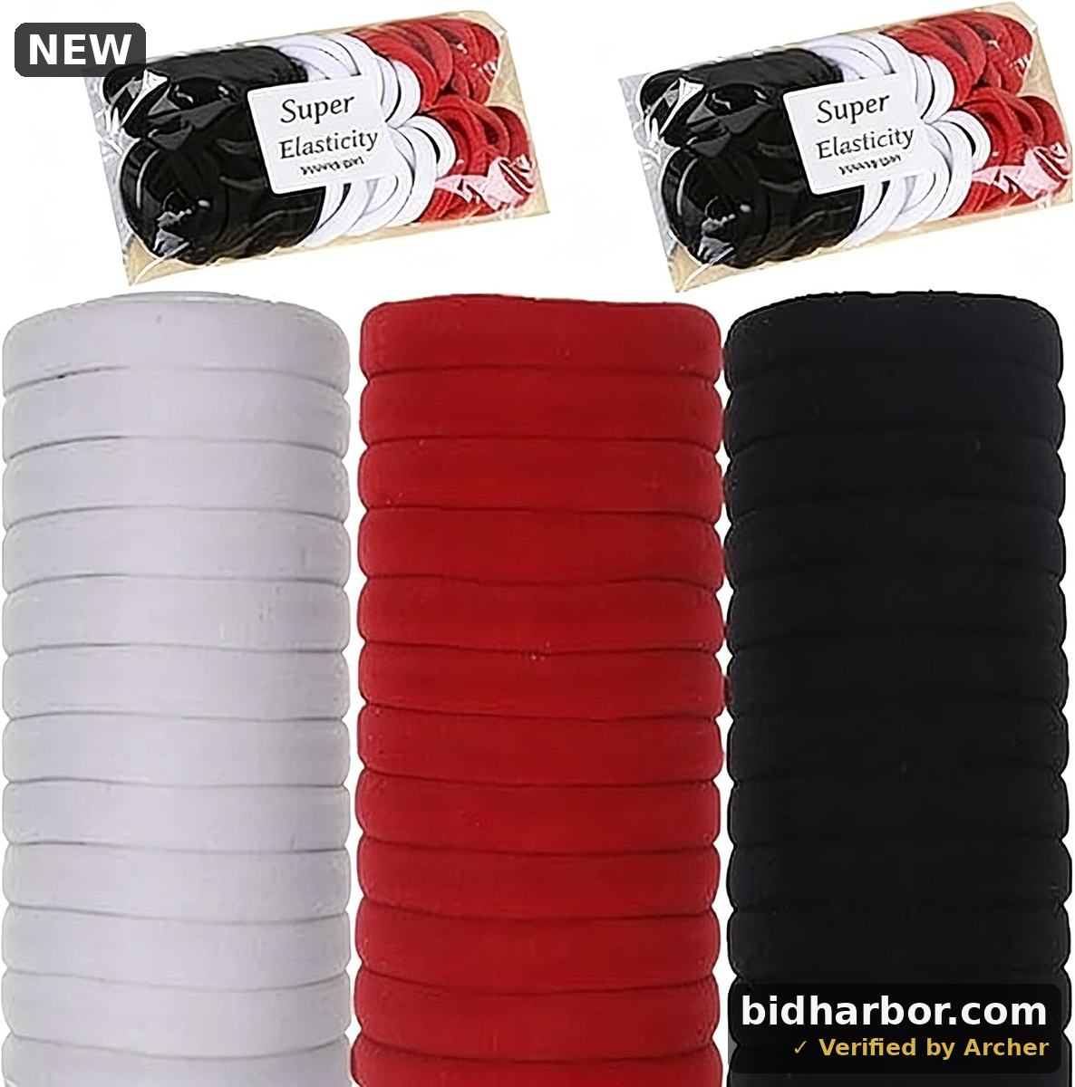 Elastic Hair Ties — Seamless, Thick, Black/White/Red Mixed, 100-Pack