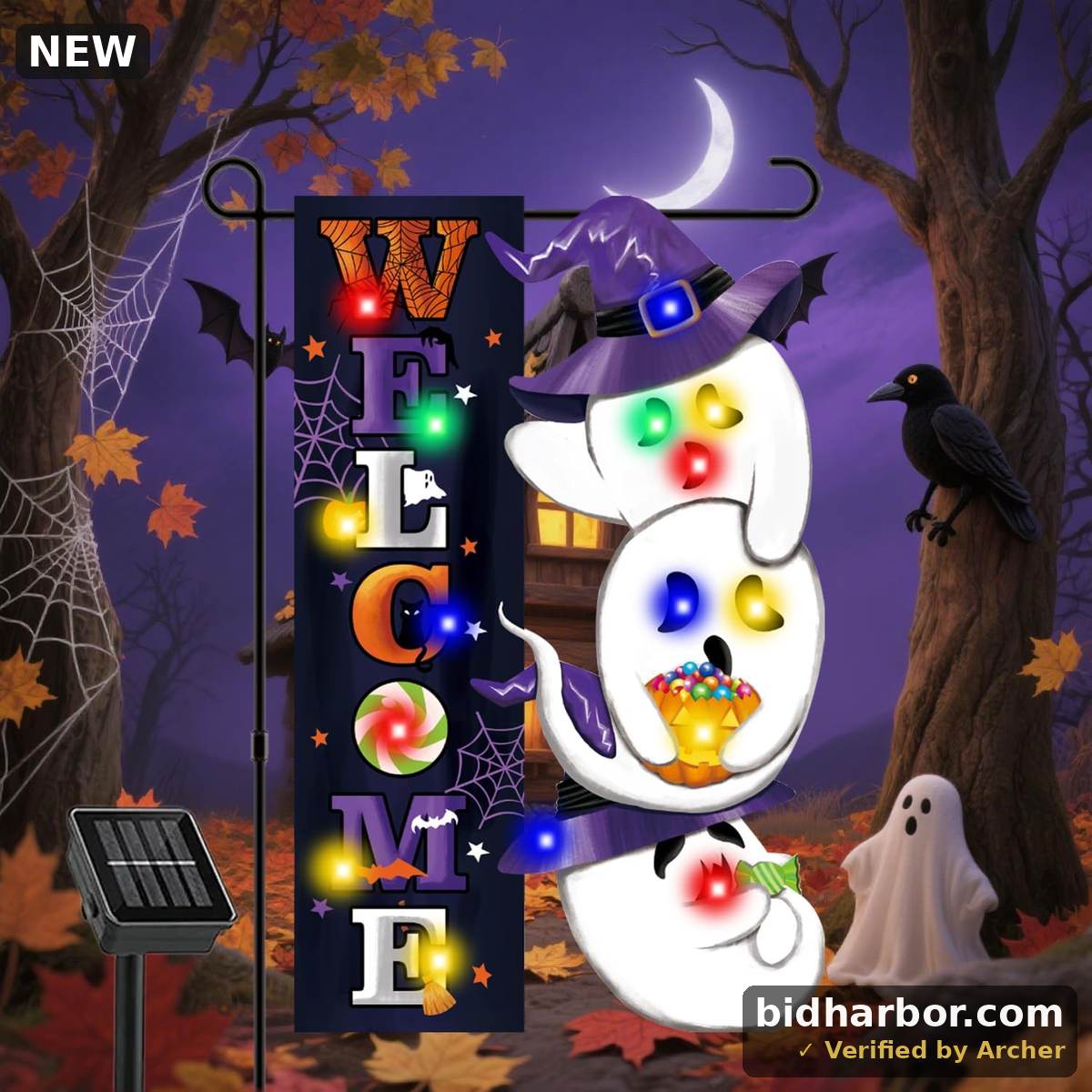 Lighted Halloween Garden Flag — Solar Ghost, 8 LED Modes, Double-Sided, 12×18"
