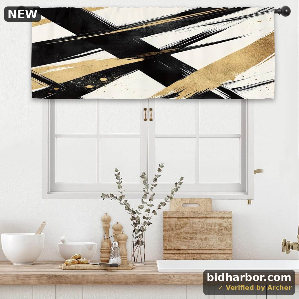 Egyptian Pharaoh Kitchen Curtain Valance — Bastet Hieroglyph, Rod Pocket, 54×18"
