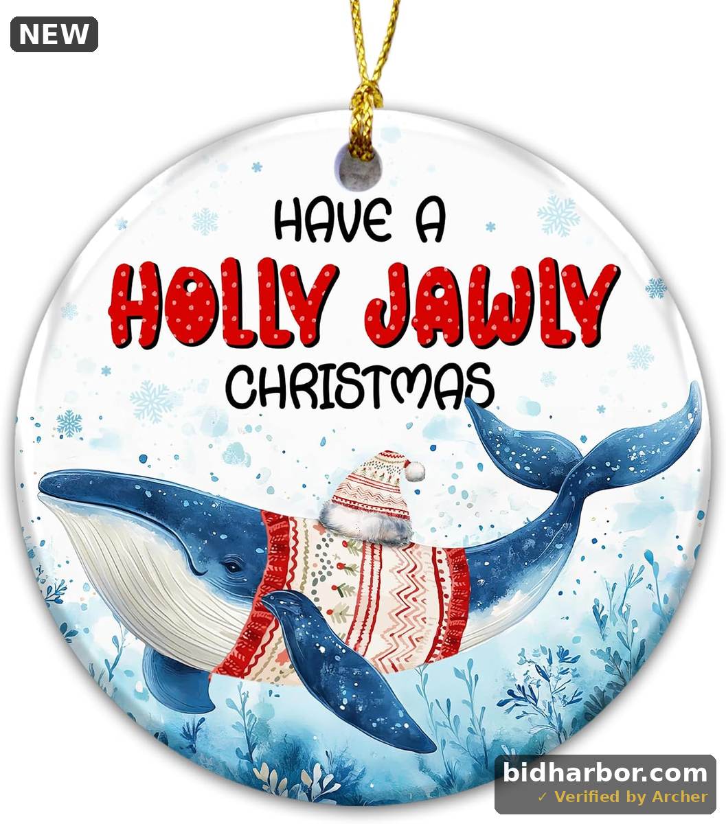 Whale Christmas Ornament — Ceramic Whale in Sweater & Santa Hat