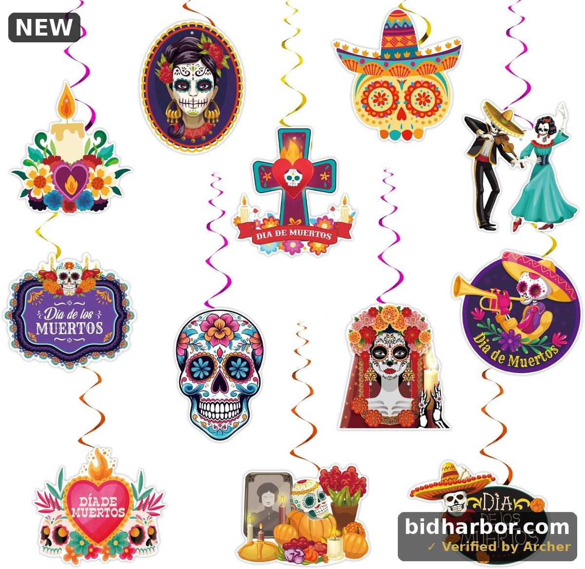 Day of the Dead Hanging Swirls — Dia de los Muertos Sugar Skull, Set of 12