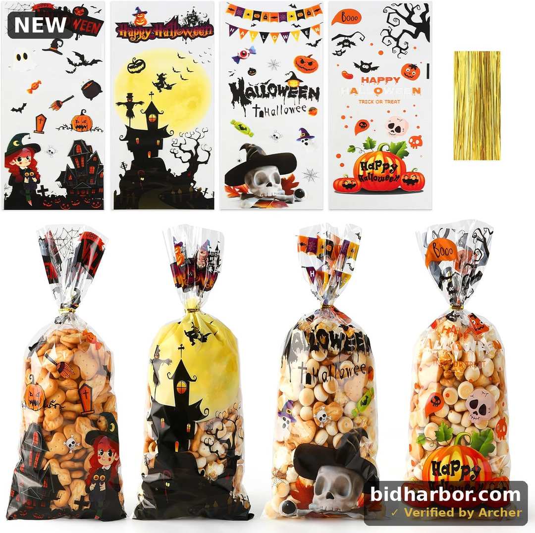 Halloween Treat Bags — Clear Plastic Goodie Bags with Twist Ties, 100-Pack