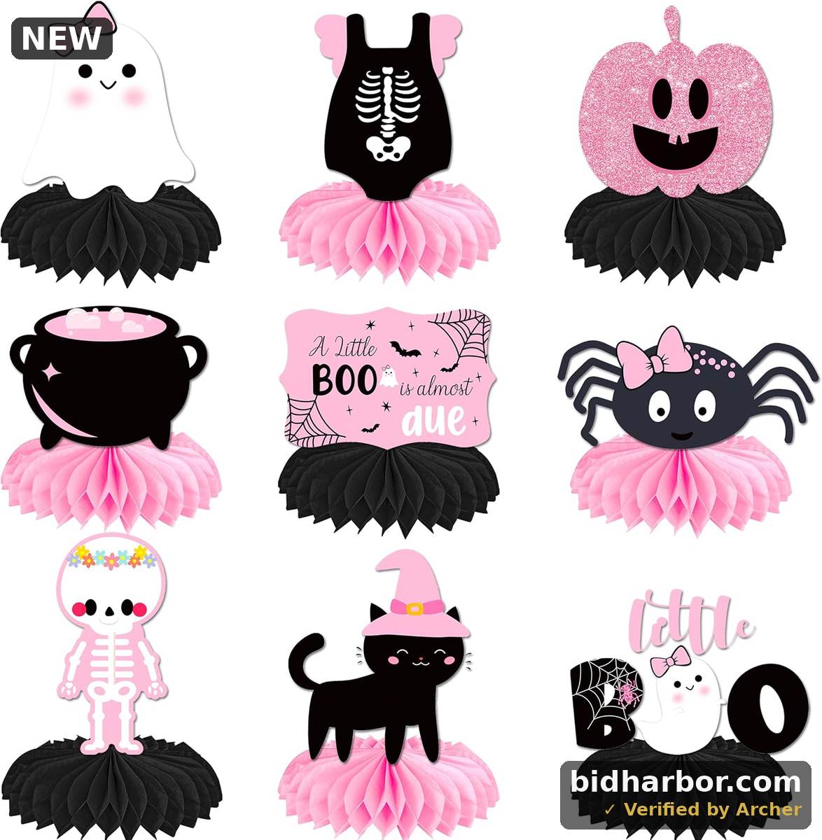 Pink & Black Little Ghost Honeycomb Centerpieces — Halloween, 12-Pack