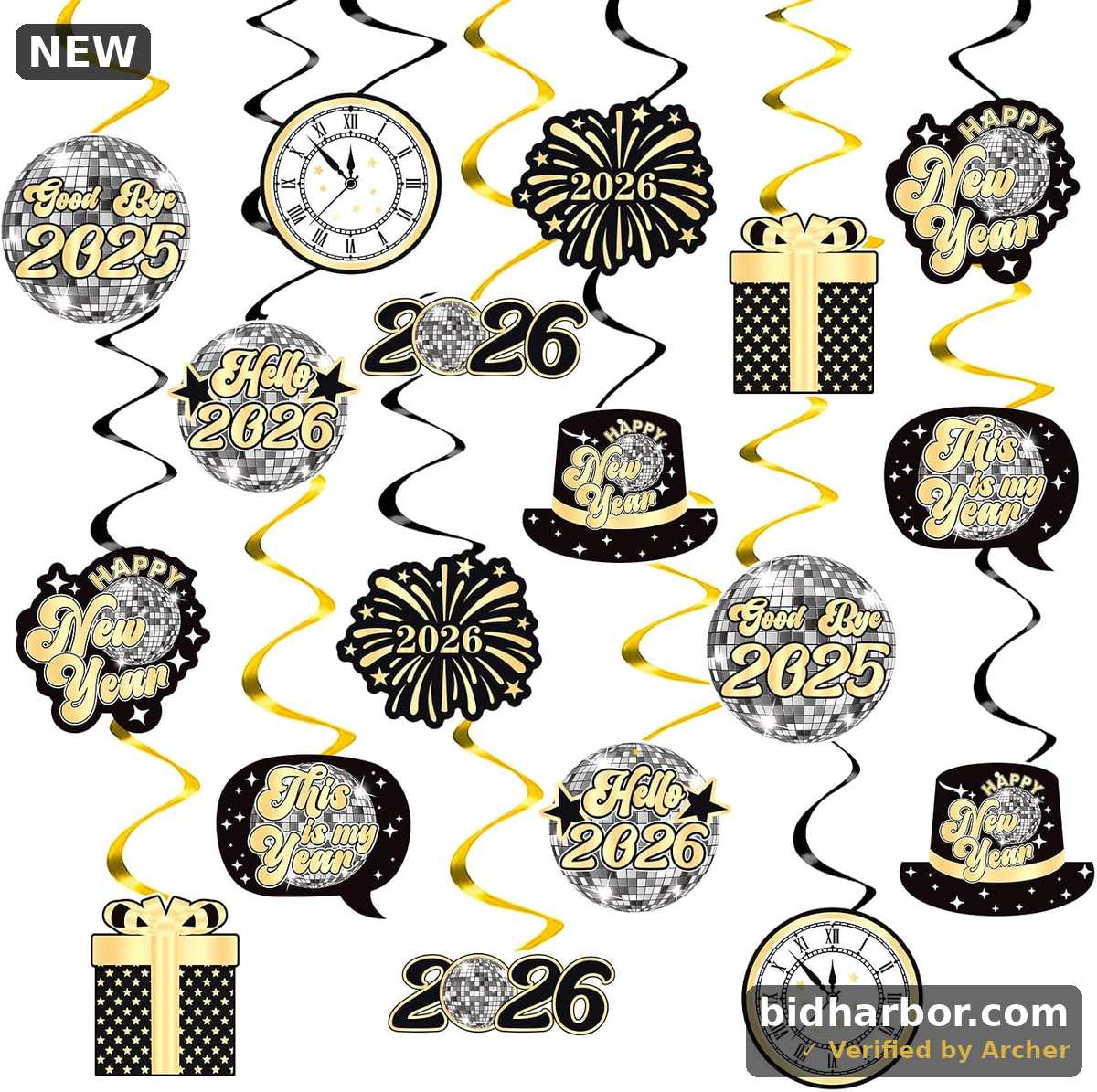 Disco Happy New Year 2026 Hanging Swirls — New Year's Eve Decor, 42-Pack