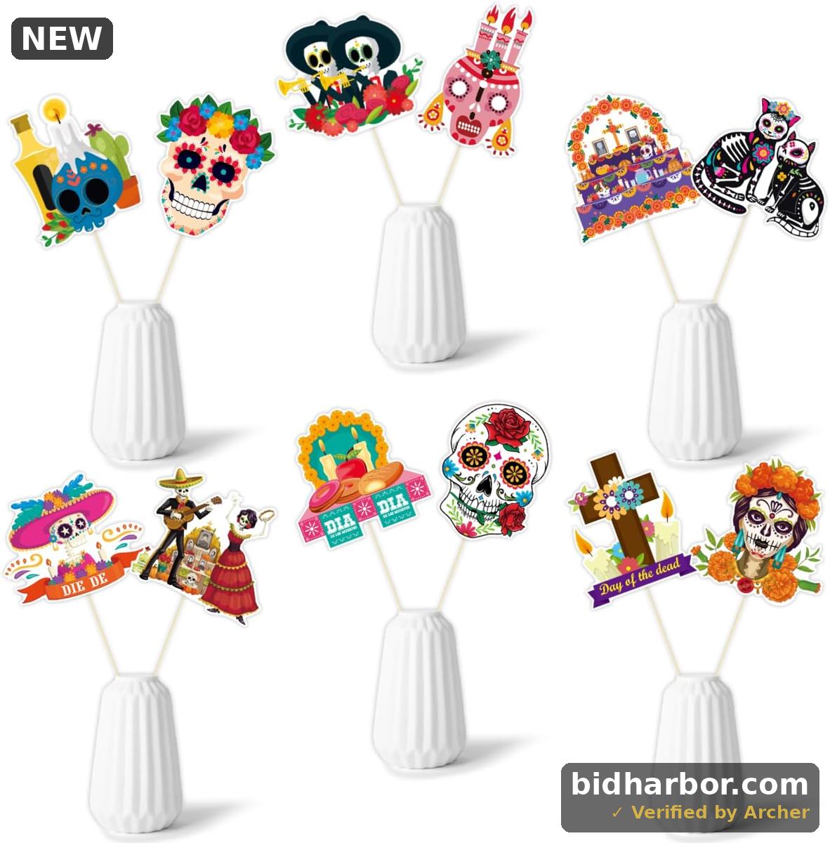 Day of the Dead Centerpiece Sticks — Dia de los Muertos Sugar Skull, 12-Pack