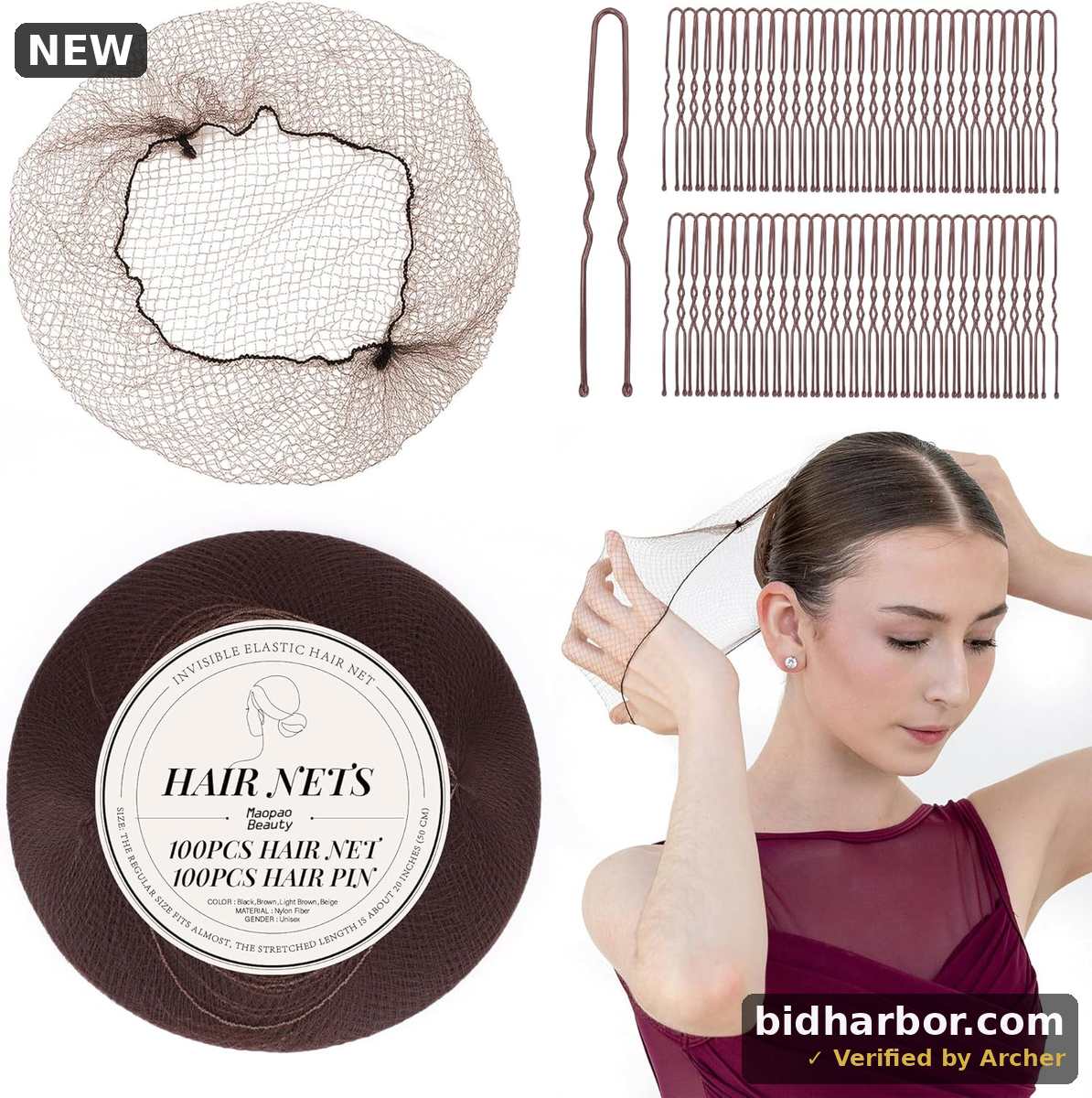 200PCS Hair Nets - 20 Inches Elasticity Invisible Elastic Mesh Wig Nets, U Shaped Hair Pins for Making Ballet Dancer Bun Maker (200PCS Sets, Brown)