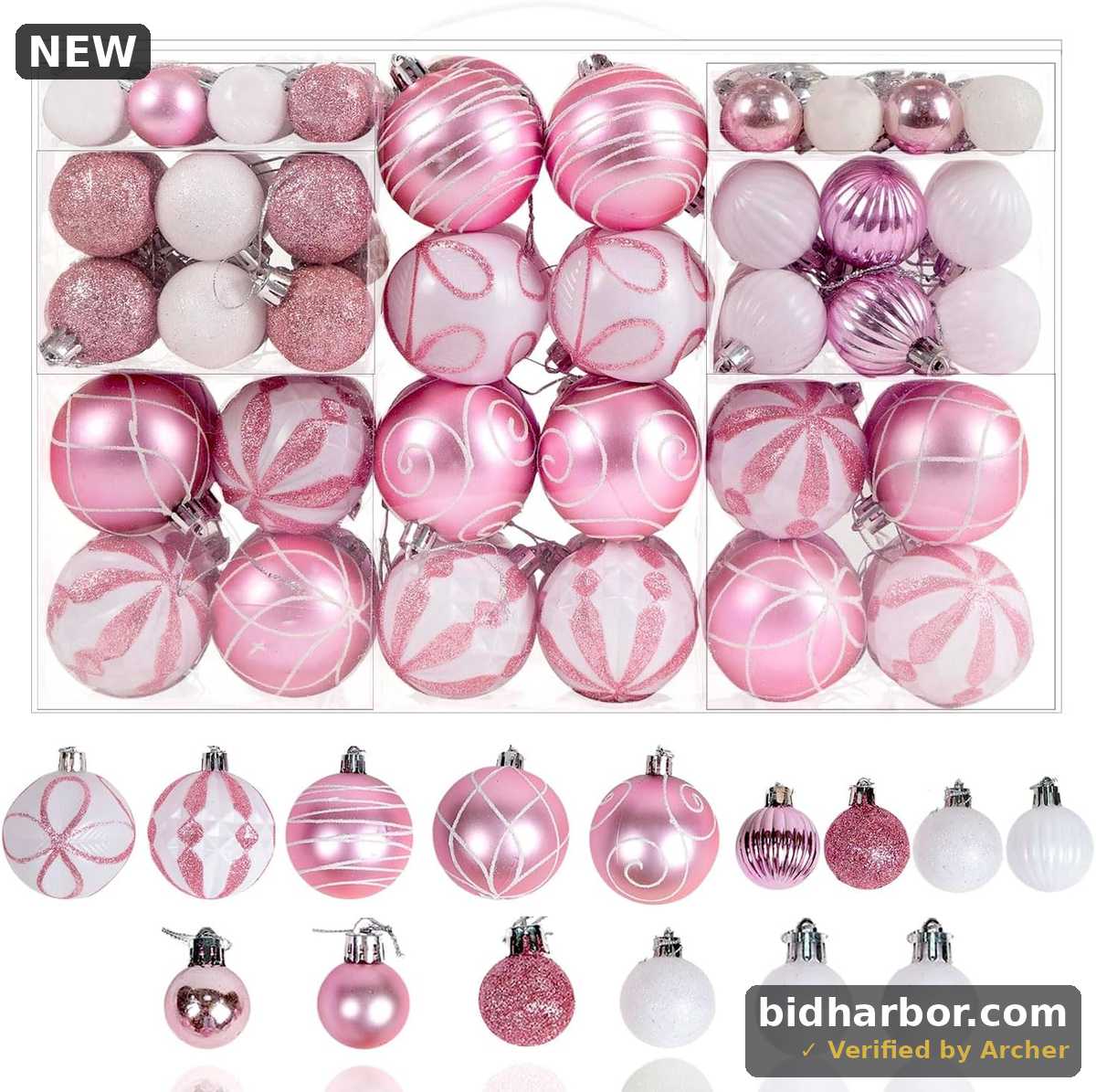 Christmas Ball Ornaments — Glitter & Patterns, Pink & White, 100-Pack