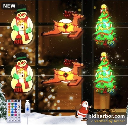Christmas Window Lights — 15 Color LED Changing Stickers, Deer/Tree/Snowman, 15 Modes