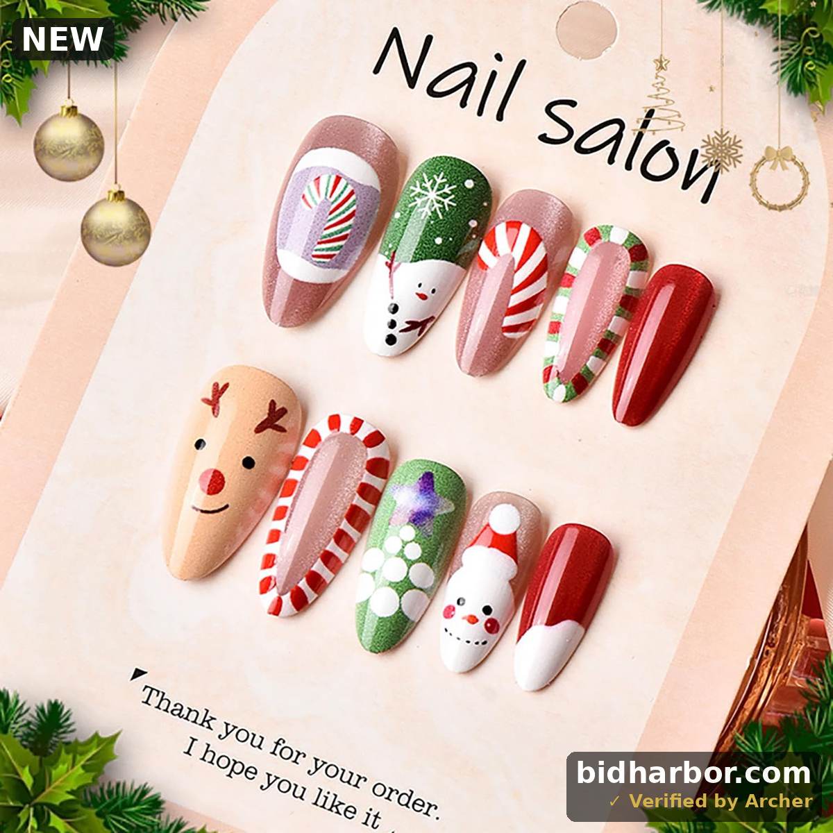 Christmas Press-On Nails — Medium Almond, Elk & Snowman Design, Reusable