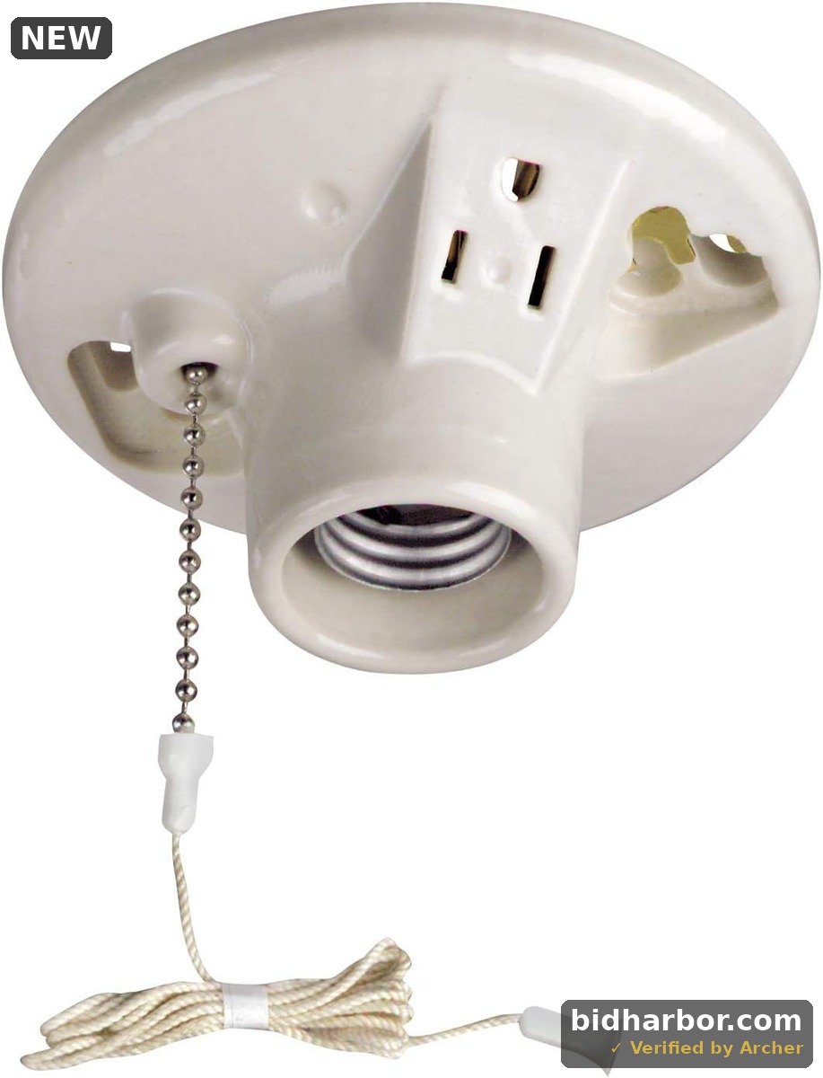 Leviton Porcelain Lampholder 9726-C — Pull Chain, Top Wired, White