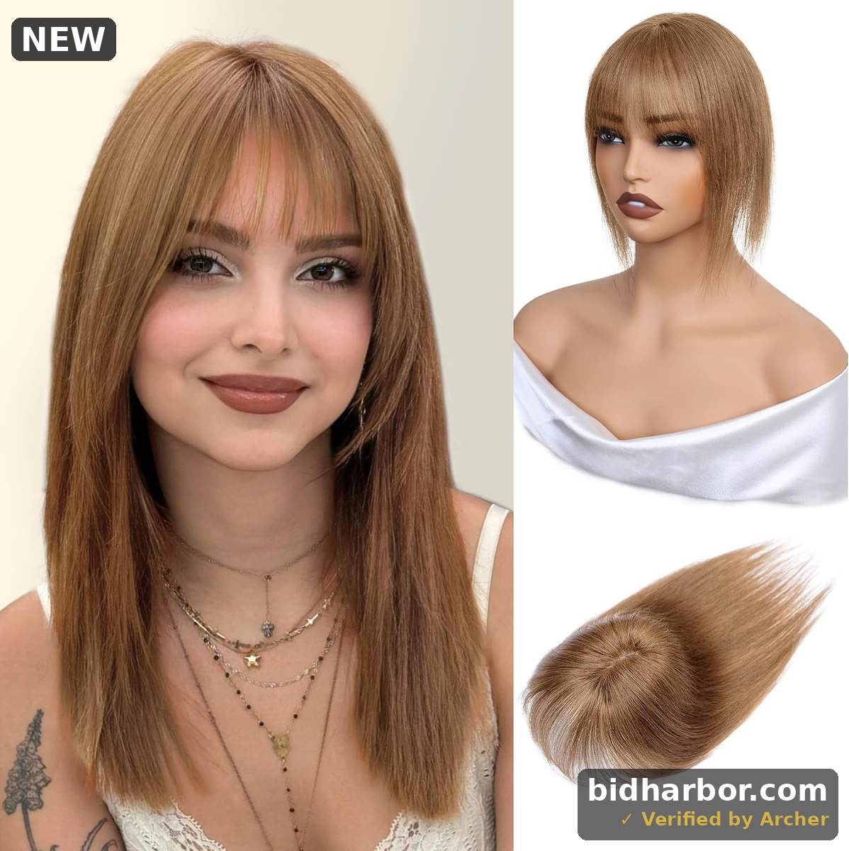 Clip-In Hair Topper with Bangs — Real Human Hair, 30g, Light Brown, Silk Base