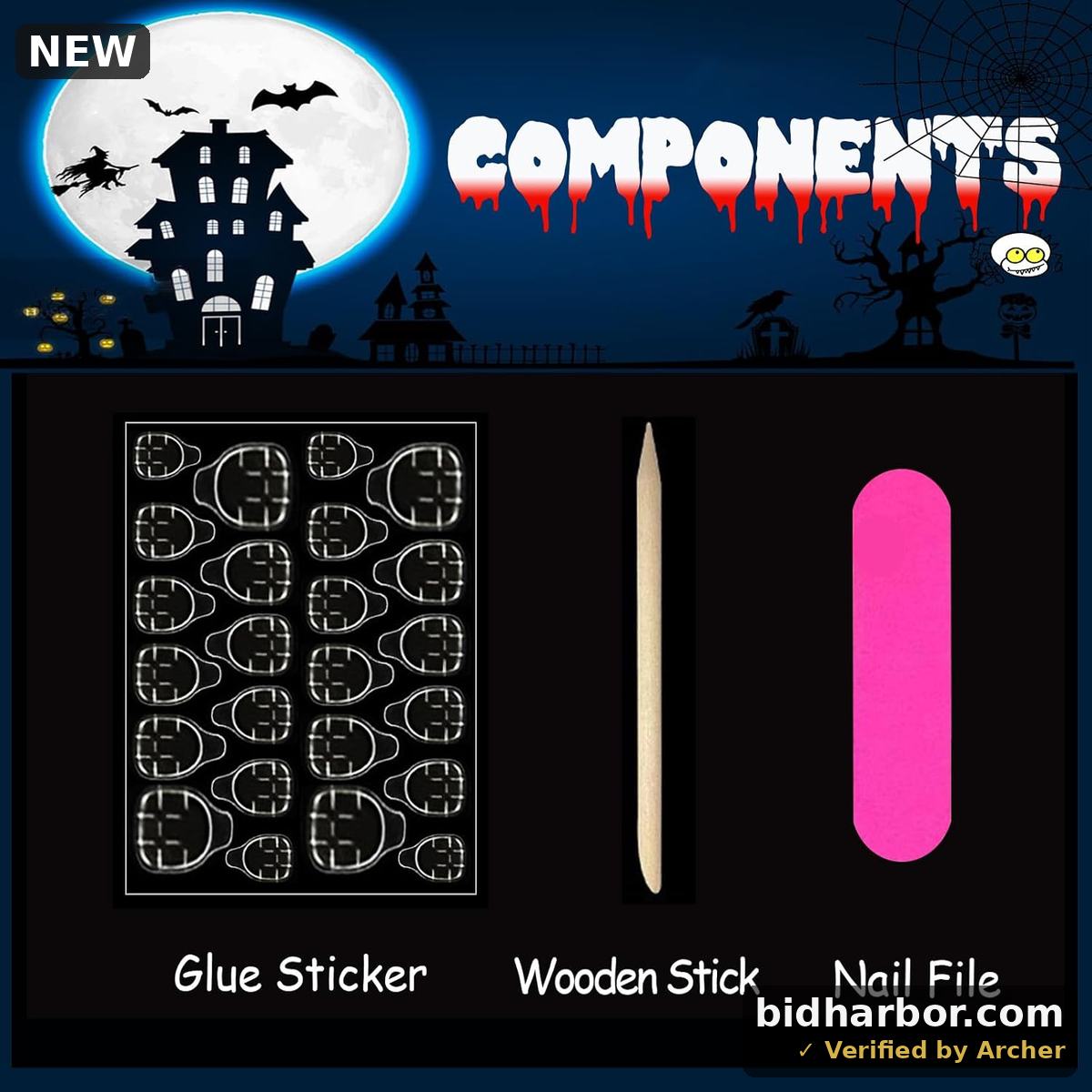 Halloween Press-On Nails — Short Square Black French, Skull & Spider Design, 24-Pack