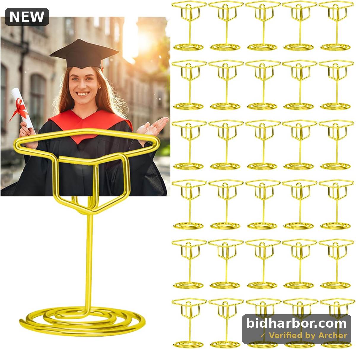 Graduation Cap Photo & Table Number Holders — Class of 2025 Gold, 1.85 in, 30-Pcs