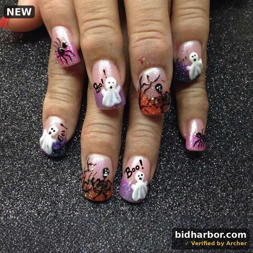 Halloween Press-On Nails — Medium Square Pink French, Ghost & Glitter Design, 24-Pack