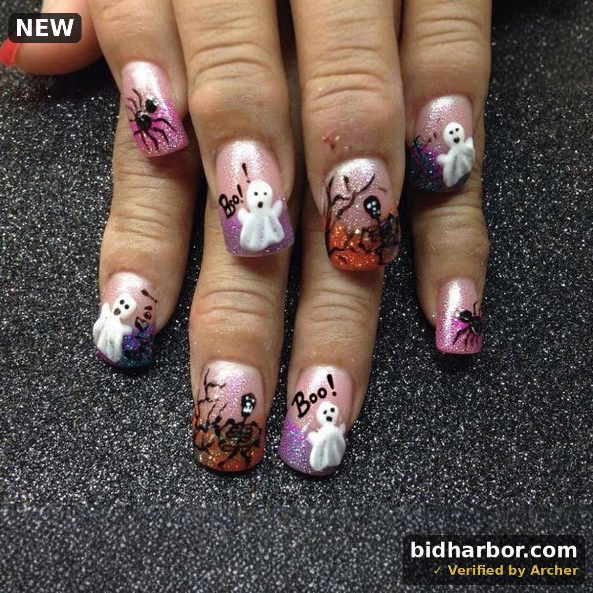 Halloween Press-On Nails — Medium Square Pink French, Ghost & Glitter Design, 24-Pack