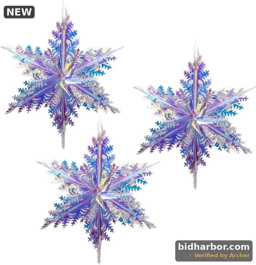 3 Pack Holographic Snowflake Hanging Decoration, Shiny Iridescent White Foil Ceiling Decorative Ornament Unicorn Theme Decorations for Decorating Fairy Frozen Theme Party