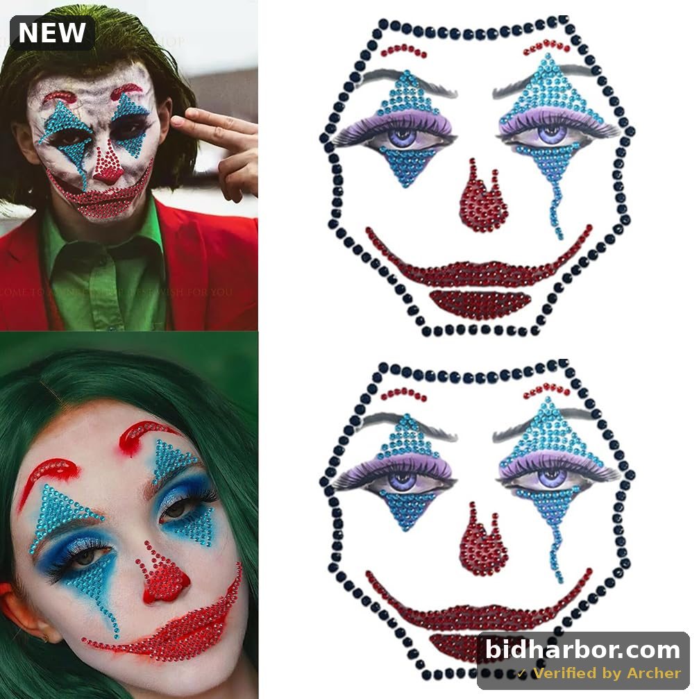 Clown Face Makeup Stickers for Halloween Carnival Party, 3D Gemstone Rhinestone Gems, Scary Confused Glitter Tattoo (Medium, Count, 1)