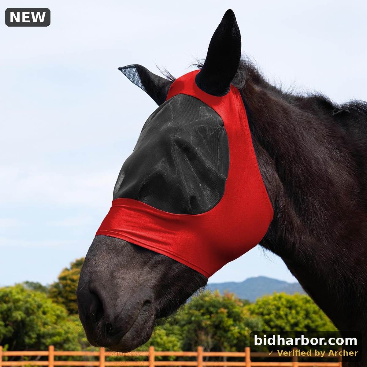FOXLVDA Horse Fly Mask with Ears, Fashionable and Comfortable Fit Stretchy Fabric Large Eye Space UV Protection Soft on Skin Breathable for Horse Full Size (Red, Large)