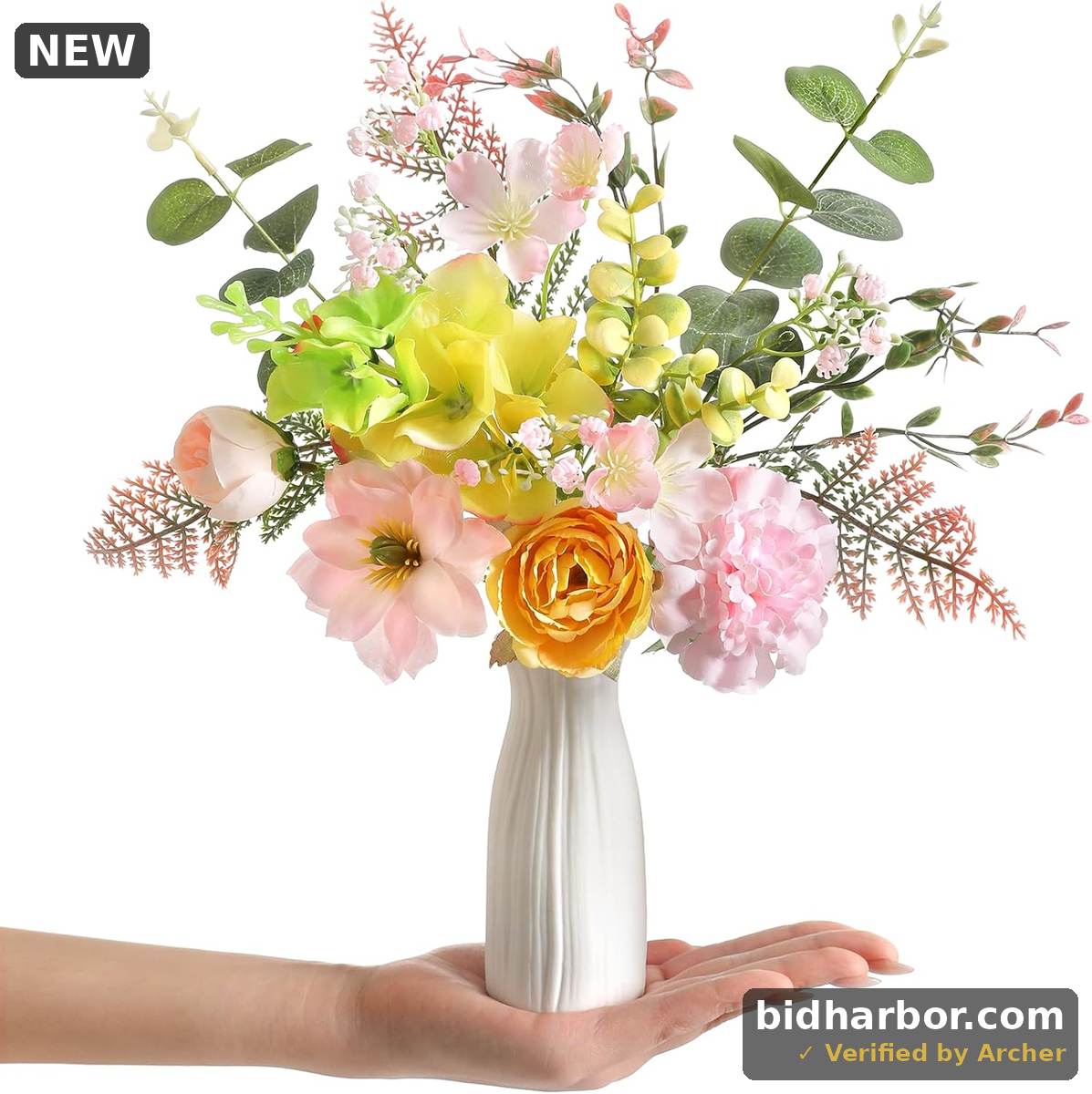 Small 11.8" Artificial Flowers in Ceramic Vase - Yellow Pink Silk Flower Centerpiece for Dining Table, Office, Wedding & Farmhouse, Home Decor Gifts