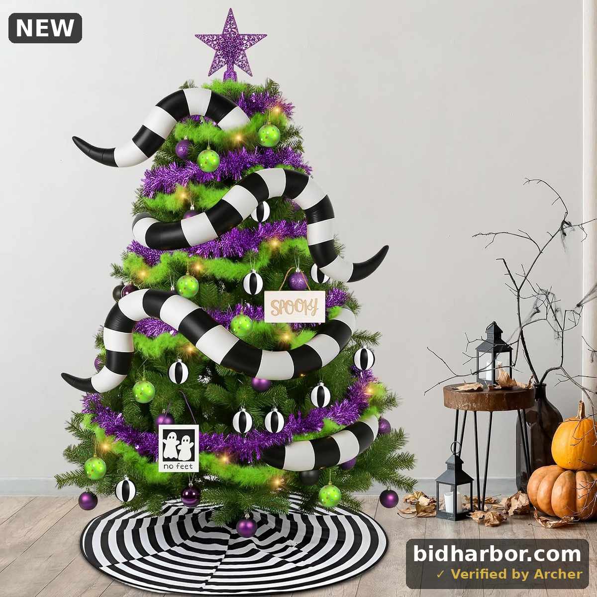 Soulchen 8 Pcs Christmas Tree Decoration Inflatable White and Black Tree Skirt Green Fluffy Marabou Feather Boa Purple Foil Tinsel Garland for Christmas Spooky DIY Supply(31.5 Inch)