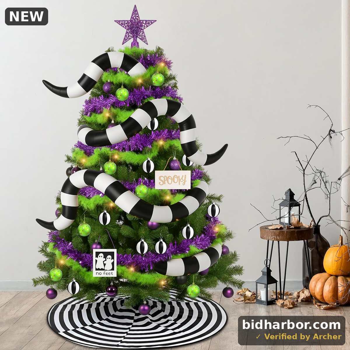 Soulchen 8 Pcs Christmas Tree Decoration Inflatable White and Black Tree Skirt Green Fluffy Marabou Feather Boa Purple Foil Tinsel Garland for Christmas Spooky DIY Supply(31.5 Inch)