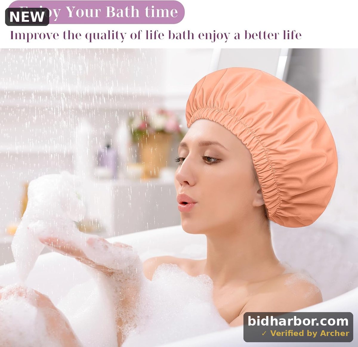 Shower Cap for Women Reusable Waterproof ，Shower Caps with Elastic Band, Ideal for Long Hair, Braids and All Hair Types,Medium,Orange