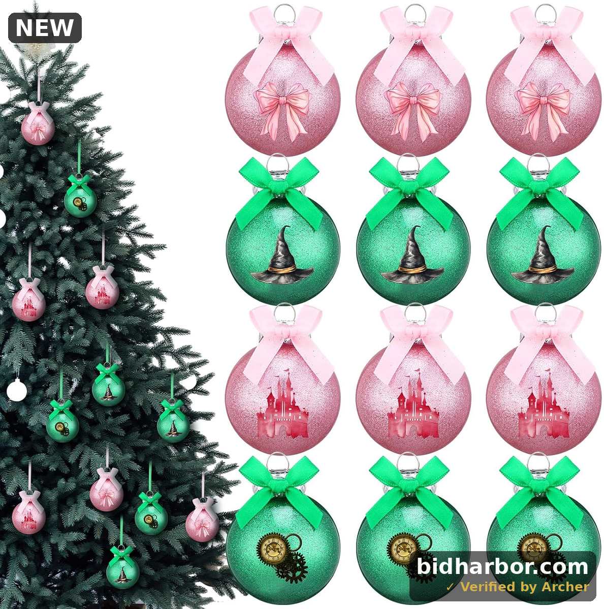 Soulchen 12 Pcs Witch Christmas Ball Ornaments Pink and Green Christmas Ball Tree Decoration Witch Ornament with Bow Movie Theme Xmas Glittering Hanging Decoration for Xmas Tree Holiday Party Decor