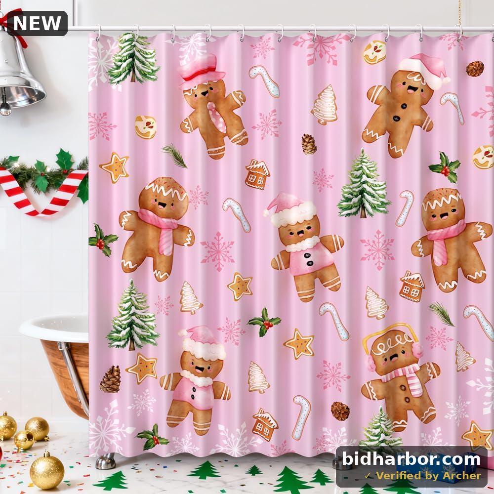 AIBIIN Christmas Shower Curtain Pink Gingerbread Man Candy Cane Decor Christmas Winter Gingerbread Shower Curtain Set for Bathroom Washable Durable Fabric Bathroom Curtains 72x72 in