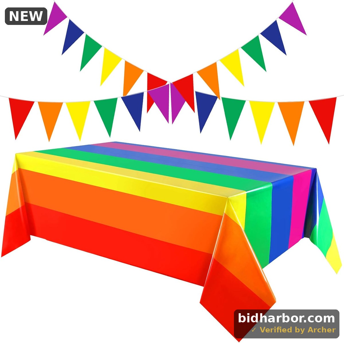 Boao 2 Pieces 51 x 71 Inch Rainbow Tablecloth Gay Pride Table Cover Plastic Rectangle Tablecloth 20 Feet Colorful Triangle Rainbow Pennant Banner for Birthday Wedding Bridal Shower Pride Party