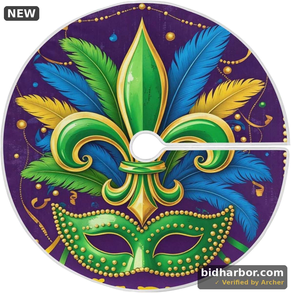 Mardi Gras Fleur de Lis Tree Skirt 36" Purple Masquerade Party Carnival Mask Beads Confetti Feather Christmas Tree Skirts Mother's Day Xmas Mat for Holiday Festival Party Wedding Decor