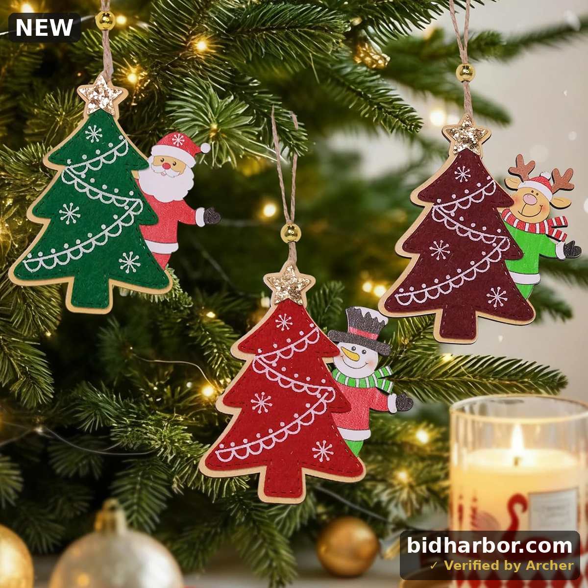 OEUVI Wooden Christmas Tree Ornaments Set of 3 Winter Farmhouse Xmas Wreath Decor Hanging Tree Crafts Holiday Christmas Decorations for Tree Home Office