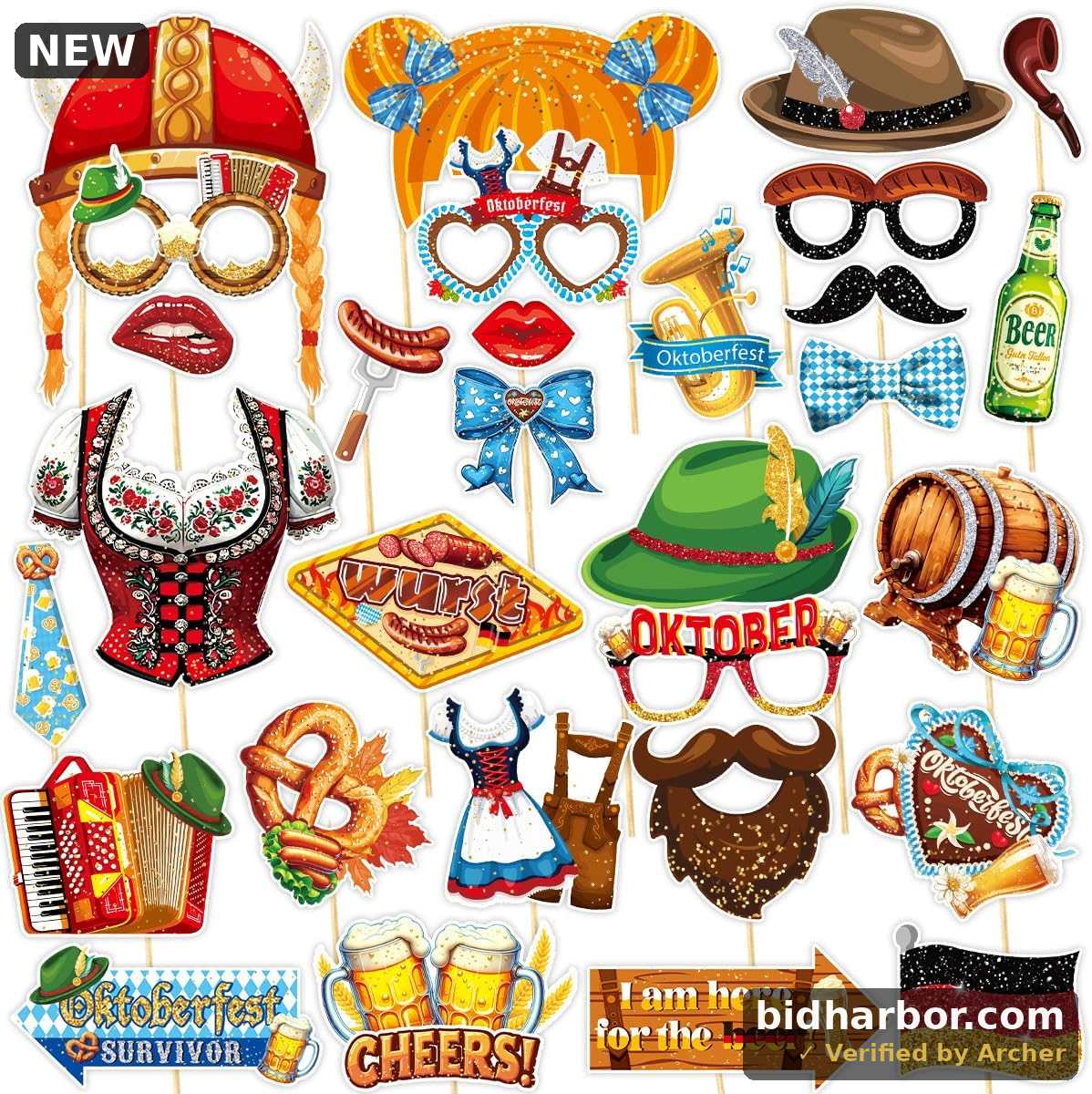 30 Pcs The Munich Oktoberfest Photo Booth Props Kit German Oktoberfest Selfie Props October Festival Party Decorations Bavarian Beer Festival Sausage Gold Dress Leather Pants Theme Backdrop Decoration