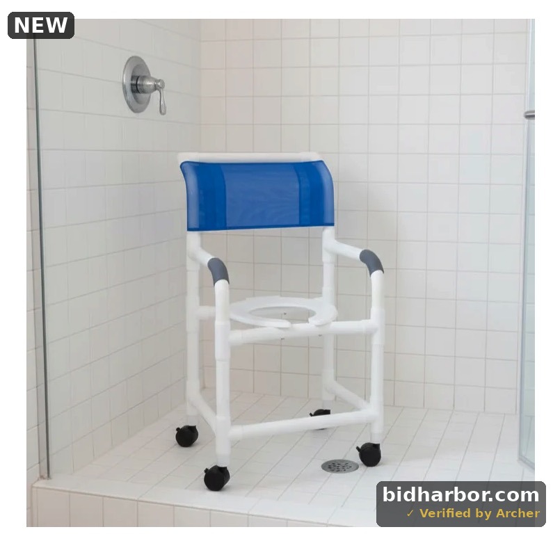 MJM International 118-3 Superior Rolling Shower Chair | Healthcare Grade PVC | Blue Mesh Sling Seat | 300 lb Capacity | Open Box
