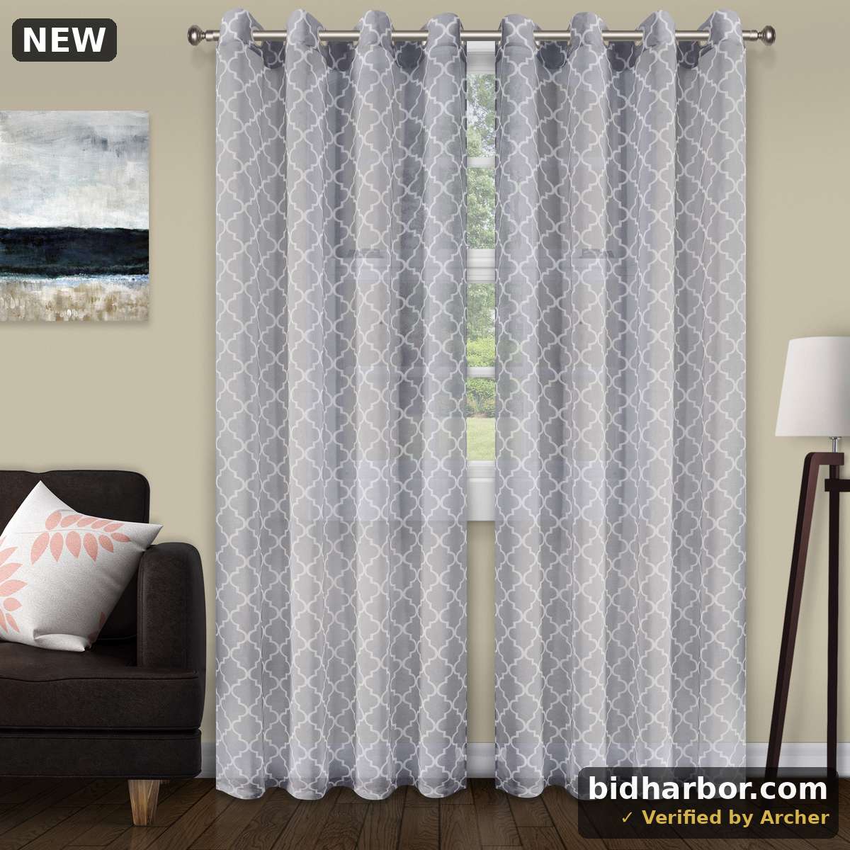Superior Lightweight Trellis Sheer Curtains Set of 2 Grommet Header Curtain Pannel Grey 52 W X 63 L