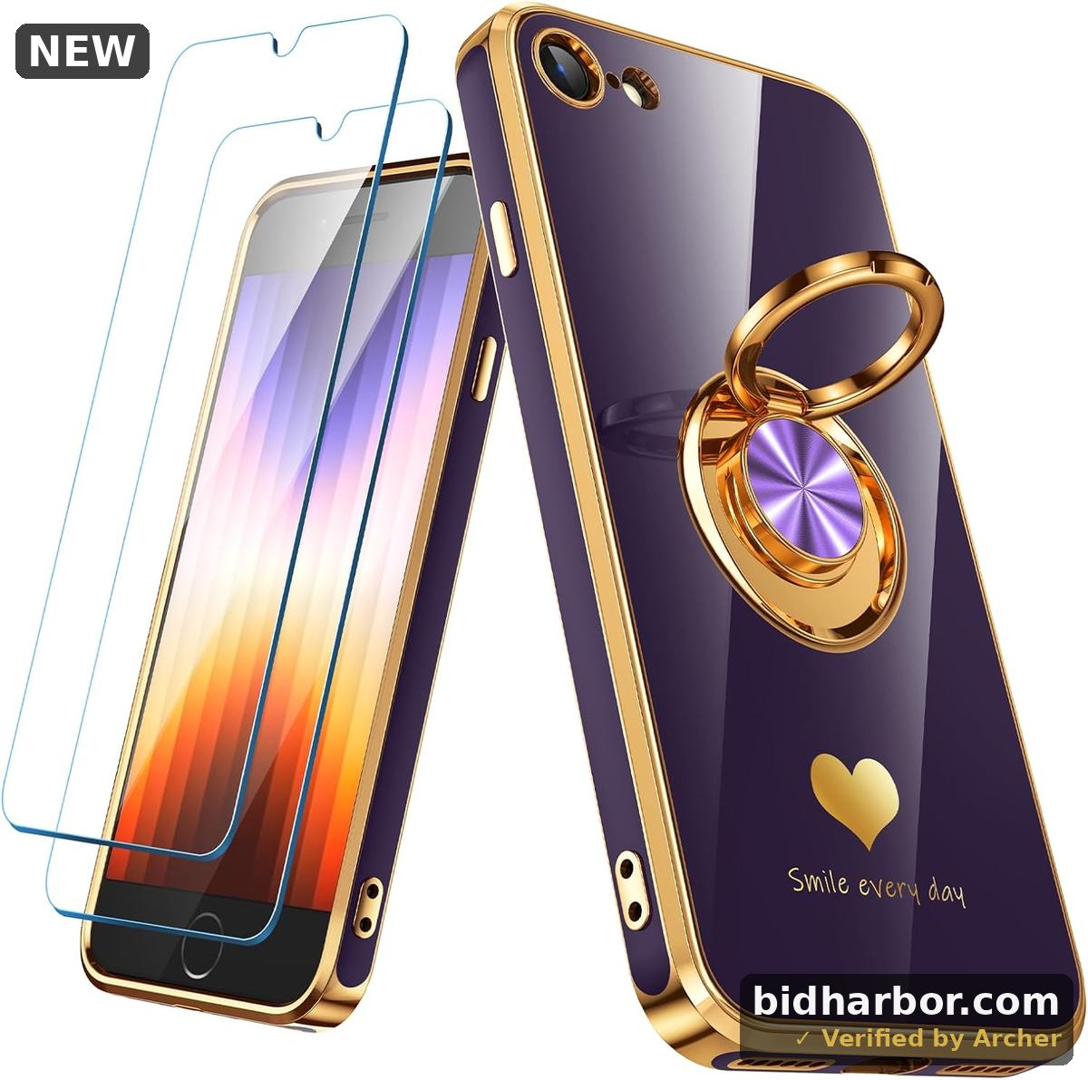 iPhone SE/8/7 Case with 360° Ring Holder and 2 Screen Protectors, Gold Edge Hearts Pattern, Purple