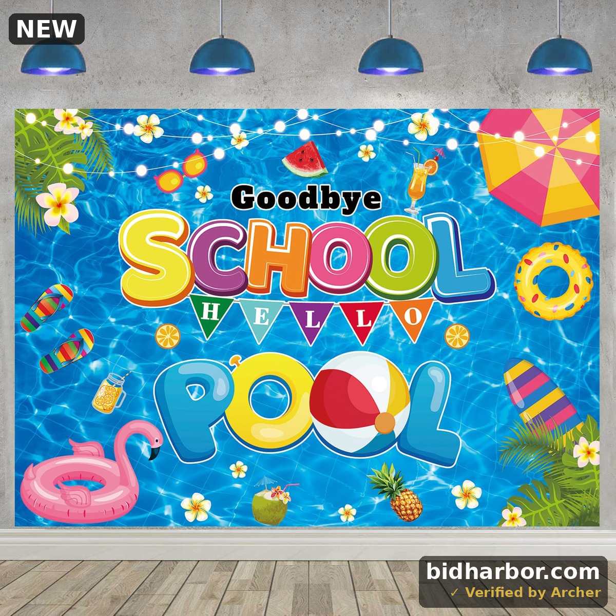 Goodbye School Hello Pool Backdrop 7X5FT End of School Year Background Pool Party Backdrop for Kids Class Summer Vacation Graduation Party Decorations Banner 82x59inch