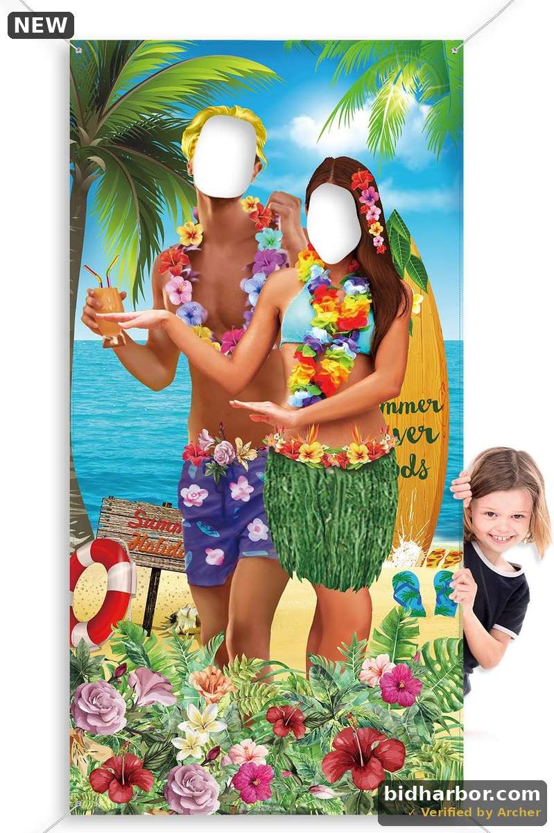 Blulu 6 x 3 ft Summer Hawaiian Photo Props Banner Tropical Luau Tiki Couple Photo Door Banner Hawaiian Party Decor Aloha Tiki Beach Prop Background for Summer Luau Party Get-Together Supply