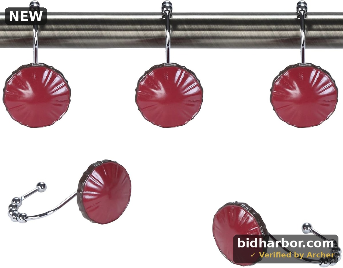 Margaret Red Round Decorative Shower Curtain Hooks,5 Roller Ring Balls Designed Burgundy Hooks for Bathroom Curtains,Set of 12