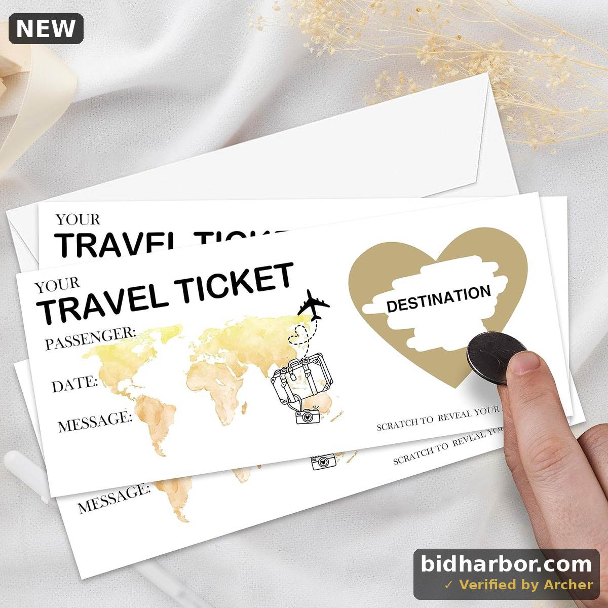 AWSICE Scratch Surprise Travel Ticket, 2 Set Make Your Own DIY Boarding Pass, Surprise Reveal Card for Holiday, Christmas, Wedding, Birthday, Anniversary, Party Supply(3.5"x8" Gold)-C002