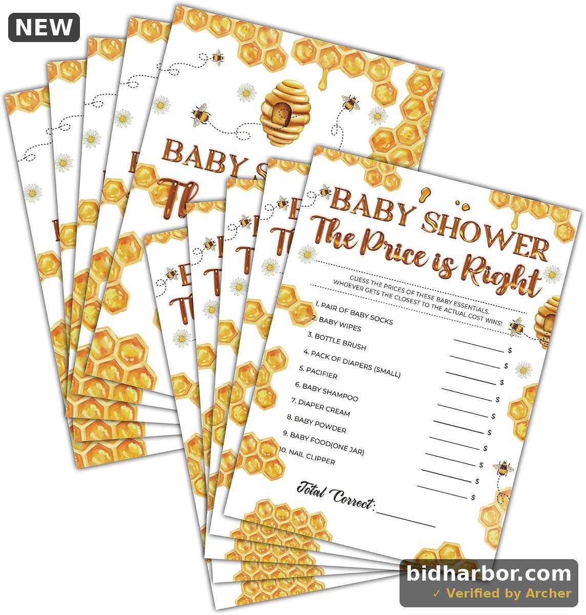Baby Shower Game Set - The Price Is Right Game Card for Gender Reveal Party - Bumble Bee Baby Shower Games &amp; Activities - Honey Honeycomb Party Decor For Boys and Girls - 30 Game Cards(F18)