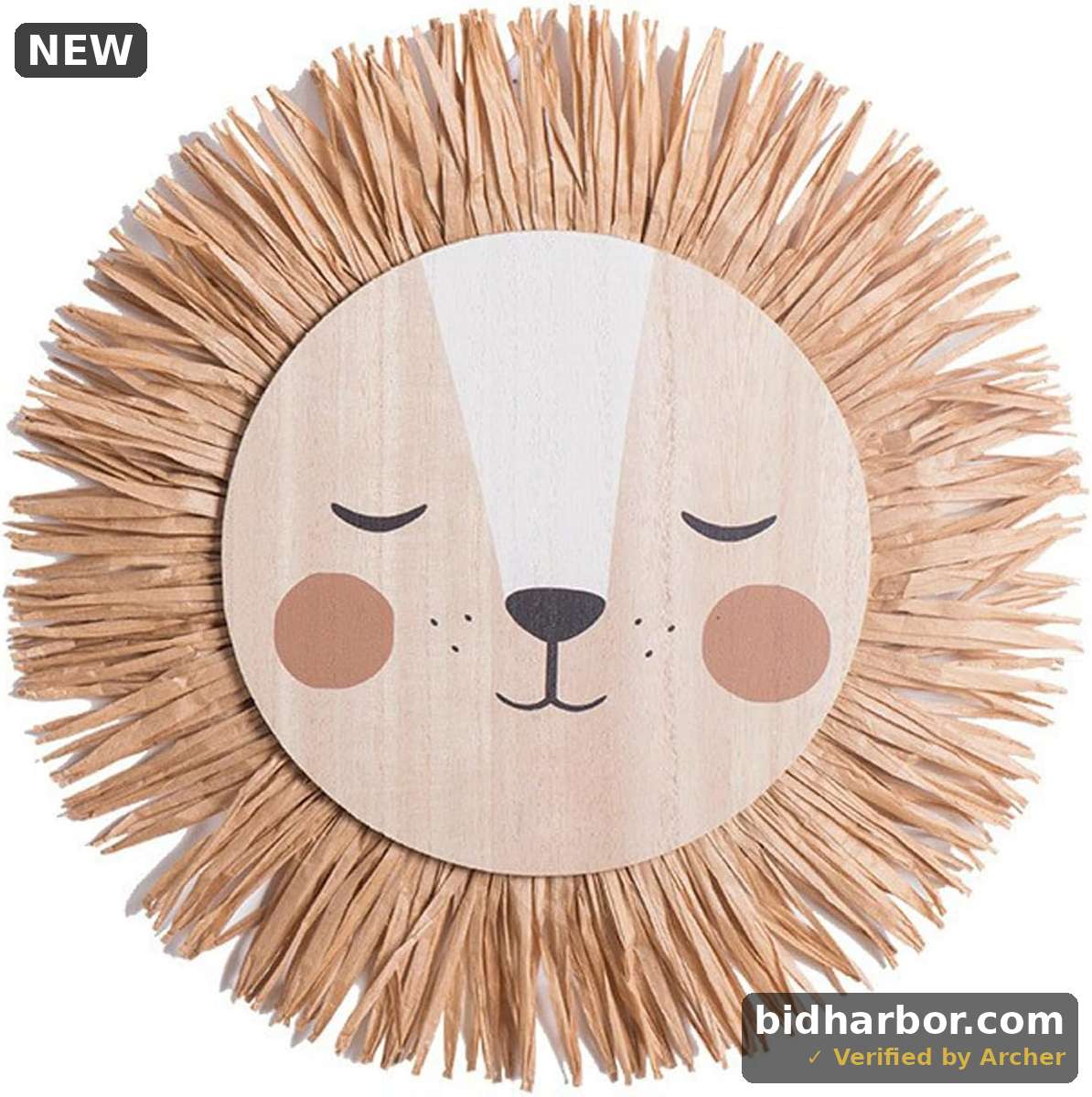 Large Rattan Raffia Straw Lion Face Wall Hanging Decor, Straw Animal Head Wall Hanging Ornament, Cartoon Tassel Beard Lion Tiger Macrame Pendant Nursery Room Wall Decor for Home Decoration(Beige)